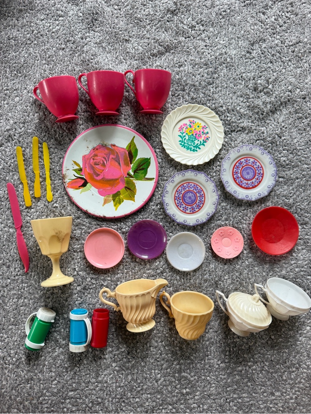 Vintage Pink Tea Cups and Assorted Colorful Toy Dishware Set